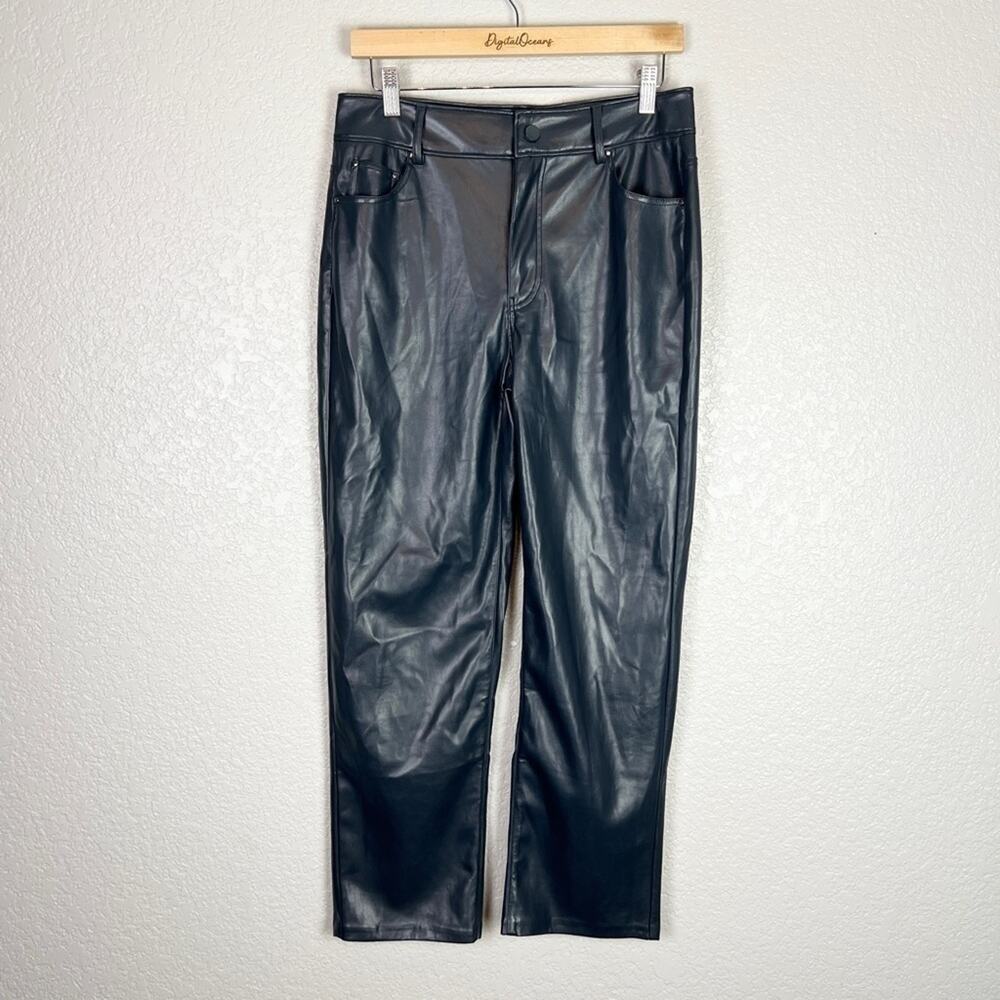 Badgley Mischka Navy Blue Vegan Leather High Rise Straight Leg Stretchy Pants 6 - Picture 2 of 10